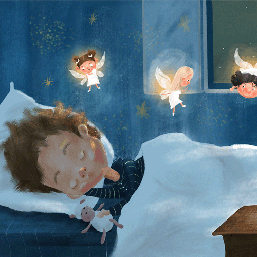 Illustration of a boy sleeping with fairies